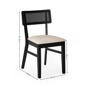 BLACK DINING CHAIR ON A WHITE BACKGROUND WITH MEASUREMENTS 