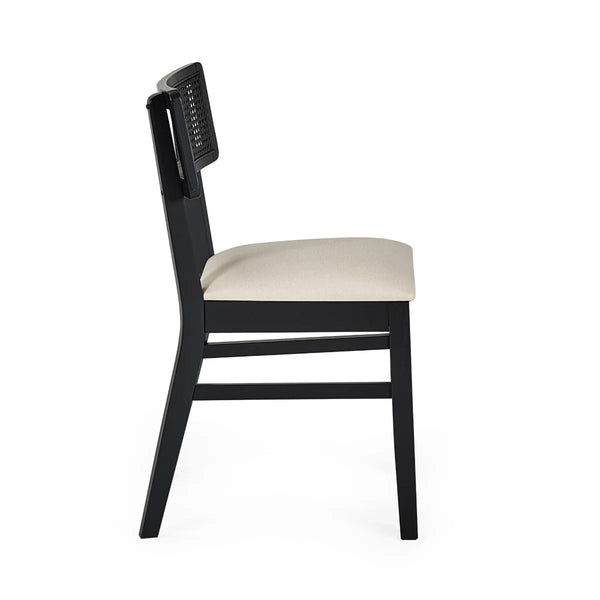 BLACK DINING CHAIR WITH WHITE SEAT PAD ON A WHITE BACKGROUND