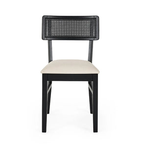 BLACK DINING CHAIR WITH WHITE SEAT PAD ON A WHITE BACKGROUND