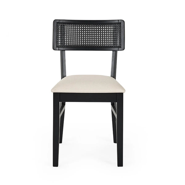 BLACK DINING CHAIR WITH WHITE SEAT PAD ON A WHITE BACKGROUND