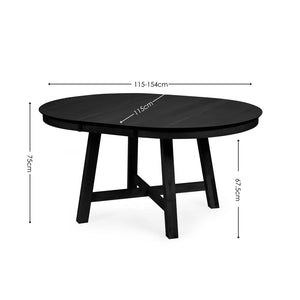 BLACK DINING TABLE ON A WHITE BACKGROUND WITH MEASUREMENTS 