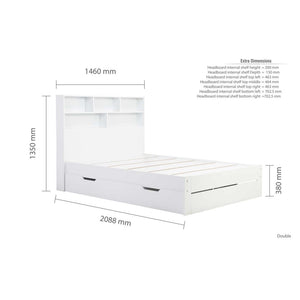 White bed frame with dimensions labeled on a white background