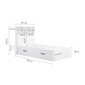 White bed frame with dimensions on a white background