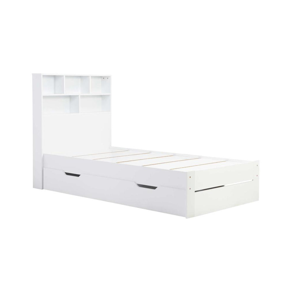 White bed frame with storage drawers on a white background