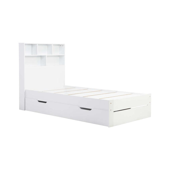 White bed frame with storage drawers on a white background