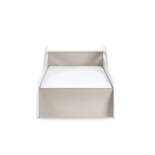 White and beige crib with mattress on a white background