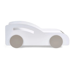 White toy car with gray wheels on a white background