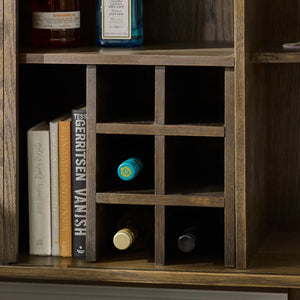 Wooden shelf with books and wine bottles inside a wine rack