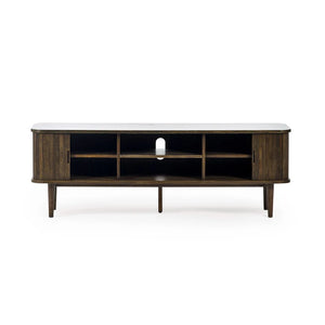 Wooden TV stand with a white top on a white background