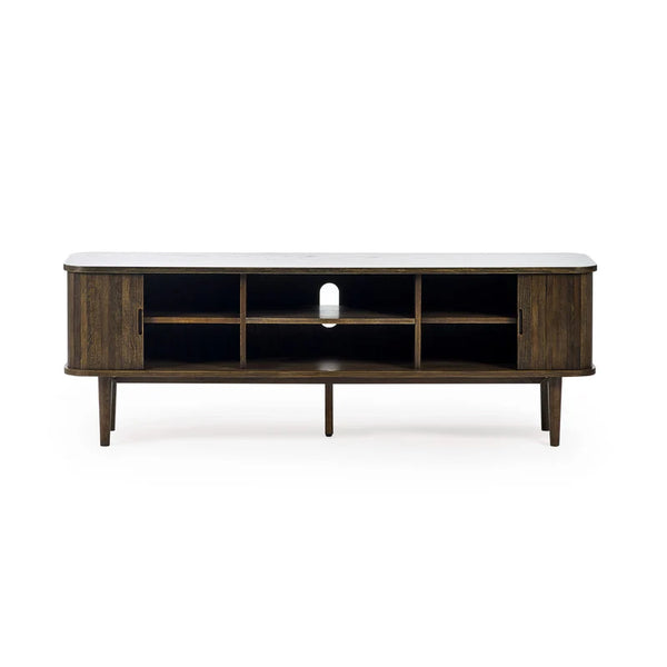 Wooden TV stand with a white top on a white background