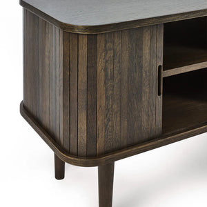 Wooden entertainment console with a dark brown finish on a white background