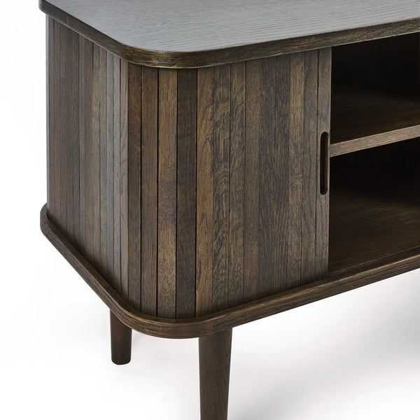 Wooden entertainment console with a dark brown finish on a white background