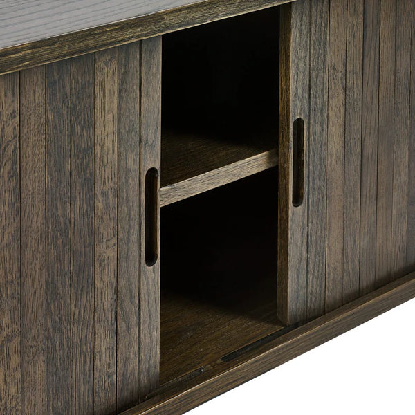 Wooden cabinet with sliding door open, showing interior.