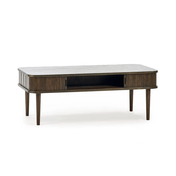 Wooden coffee table with a white marble top on a white background