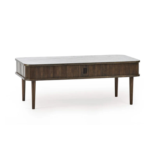 Wooden coffee table with a white marble top on a white background