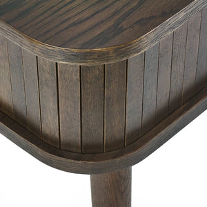 Close-up of a wooden table with a slatted design on a white background