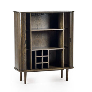 Wooden bar cabinet with shelves and wine rack on a white background