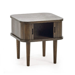 Wooden side table with a white top on a white background