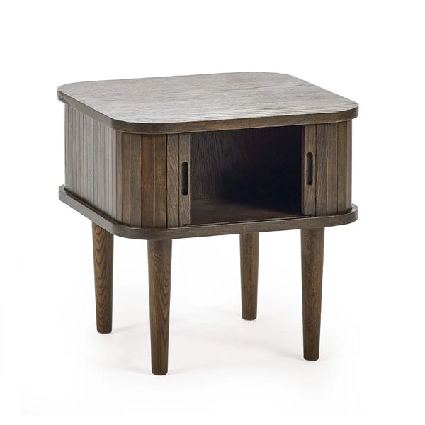 Wooden side table with a white top on a white background