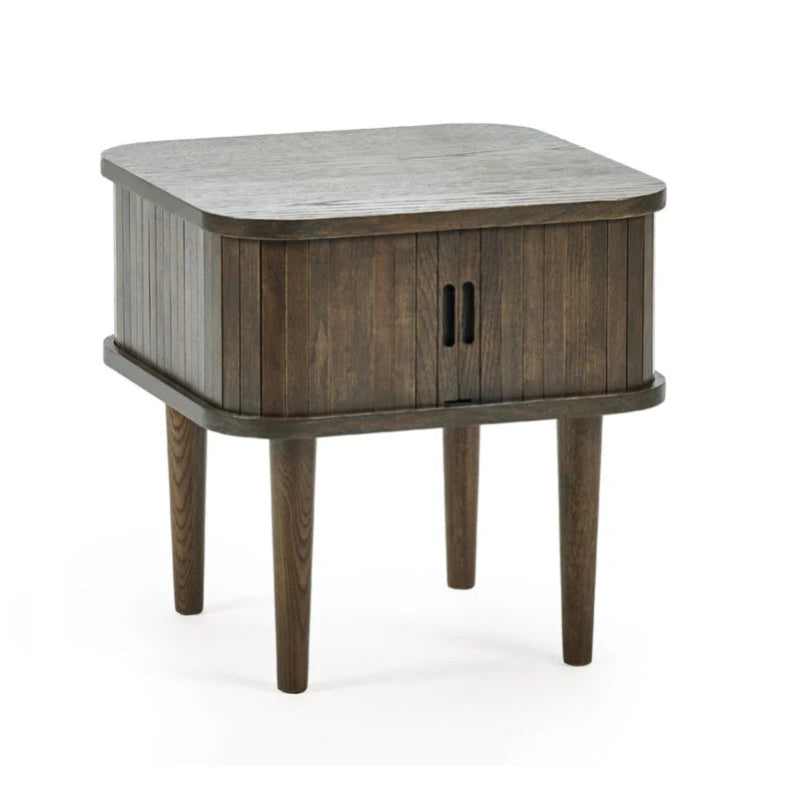 Wooden side table with a gray top on a white background