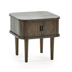 Wooden side table with a gray top on a white background