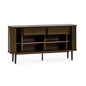 Wooden sideboard with shelves and drawers on a white background
