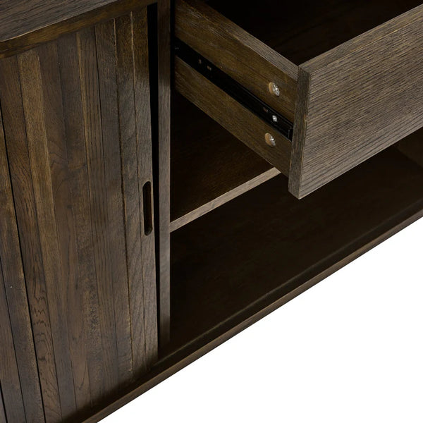 Wooden cabinet with an open drawer on a white background