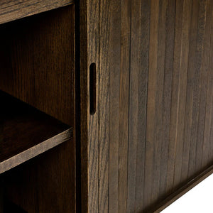 Close-up of a wooden cabinet with a focus on the texture and grain.