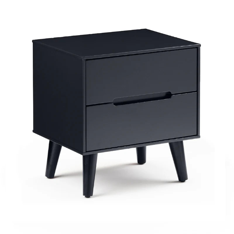Black nightstand with two drawers on a white background