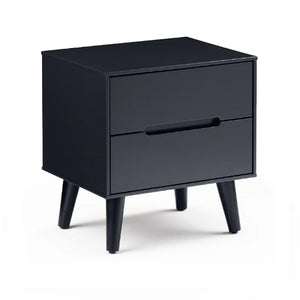 Black nightstand with two drawers on a white background