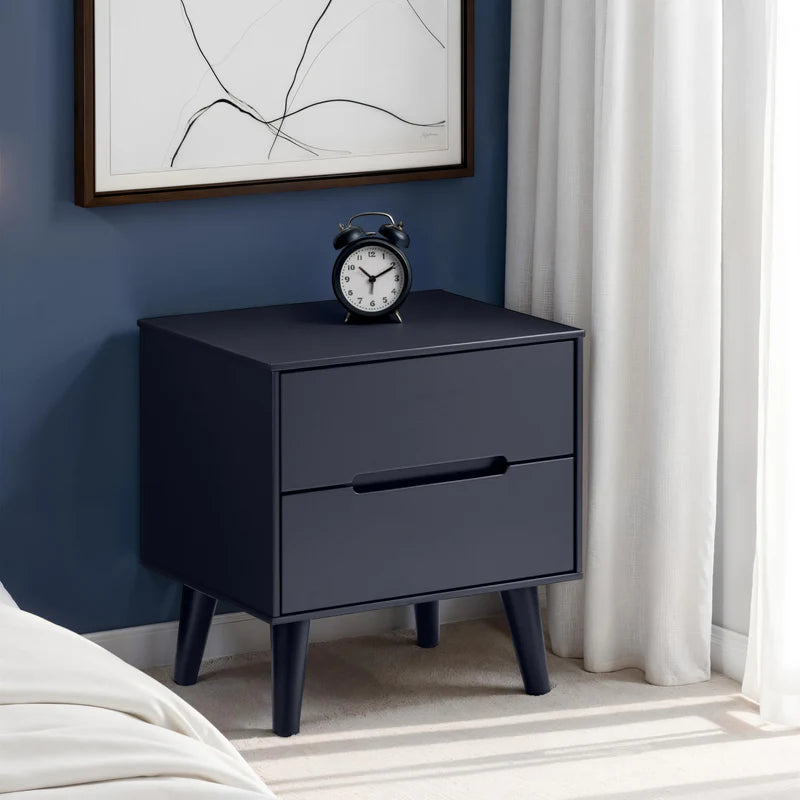 Black nightstand with two drawers on a white background