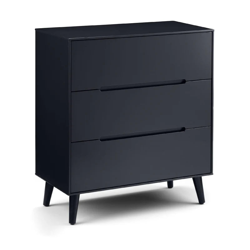 Black dresser with three drawers on a white background