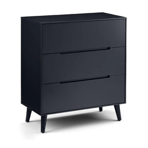 Black dresser with three drawers on a white background