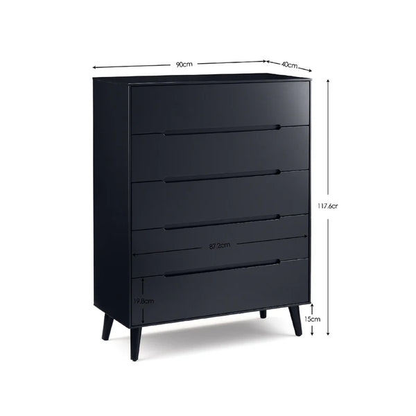 Black dresser with dimensions indicated on a white background