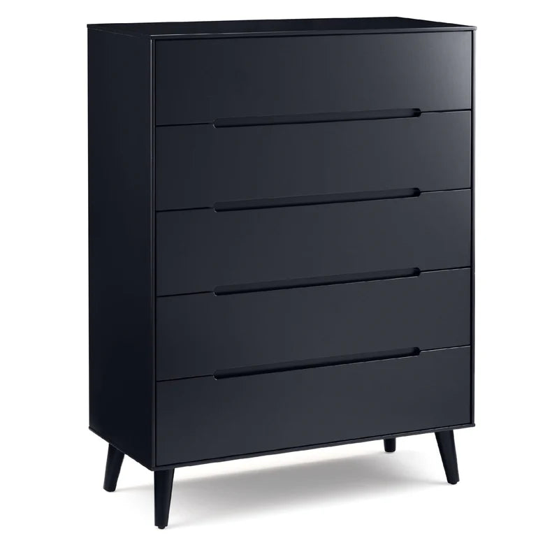 Black dresser with five drawers on a white background