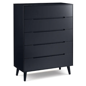Black dresser with five drawers on a white background