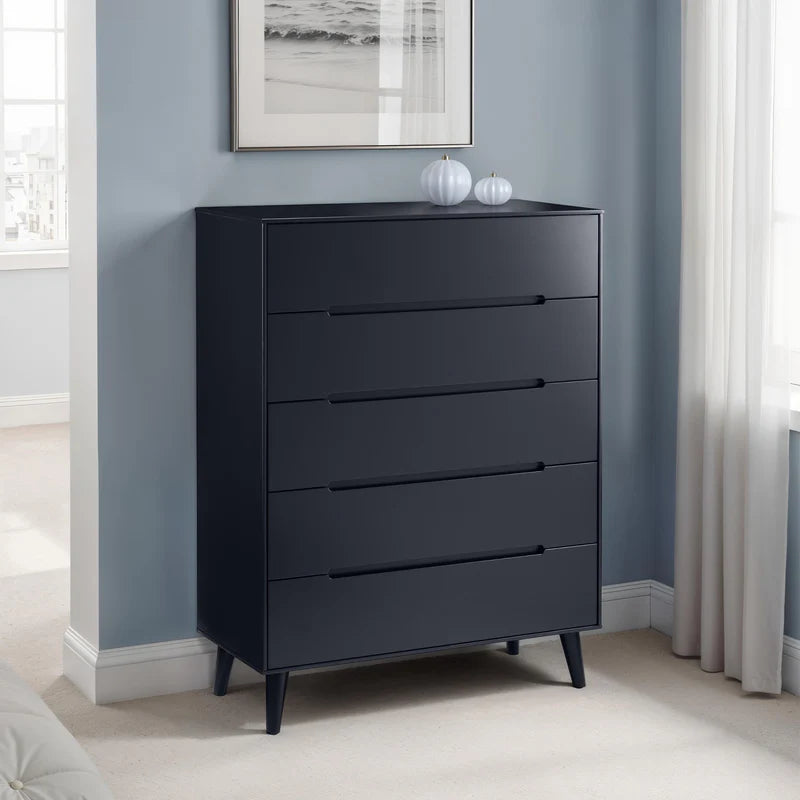 Black dresser with five drawers on a white background