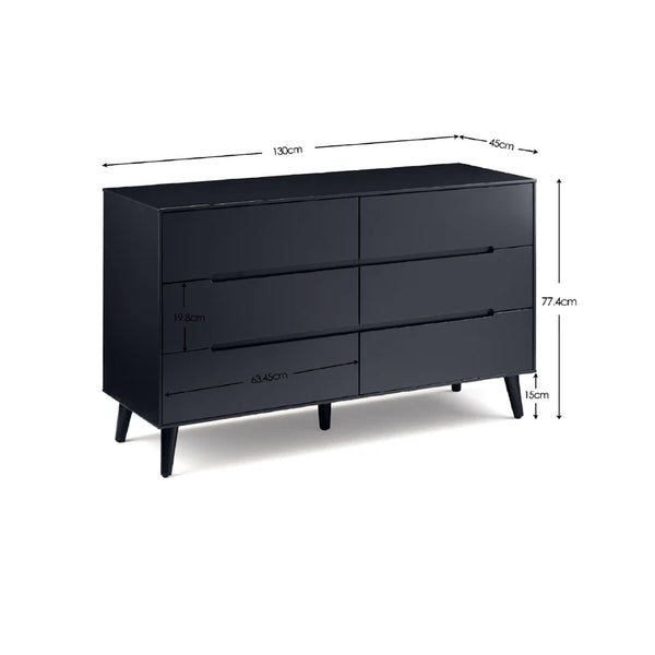 Black dresser with dimensions labeled on a white background