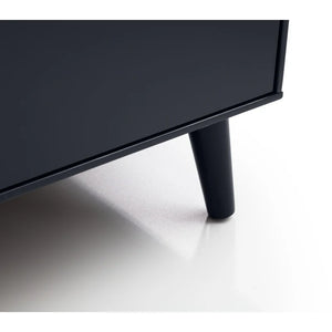Black TV stand with a minimalist design on a white background