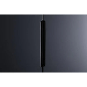 Close-up of a black handle on a dark gray cabinet door