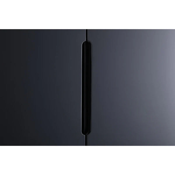 Close-up of a black handle on a dark gray cabinet door
