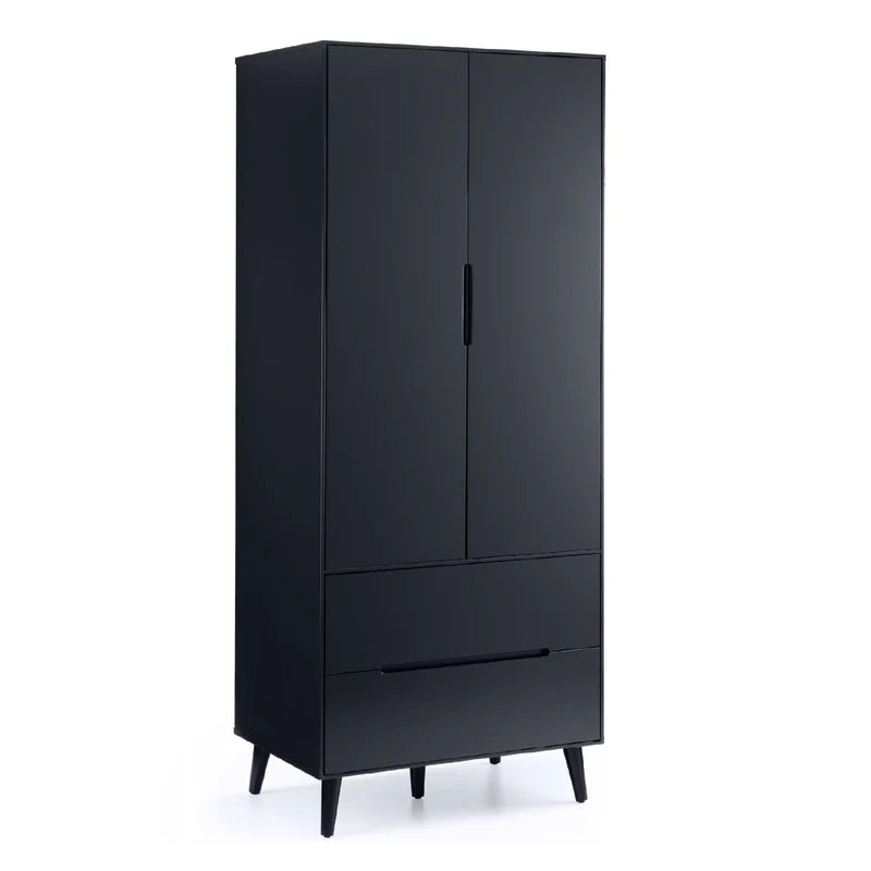 Black wardrobe with two doors and a drawer on a white background