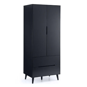 Black wardrobe with two doors and a drawer on a white background