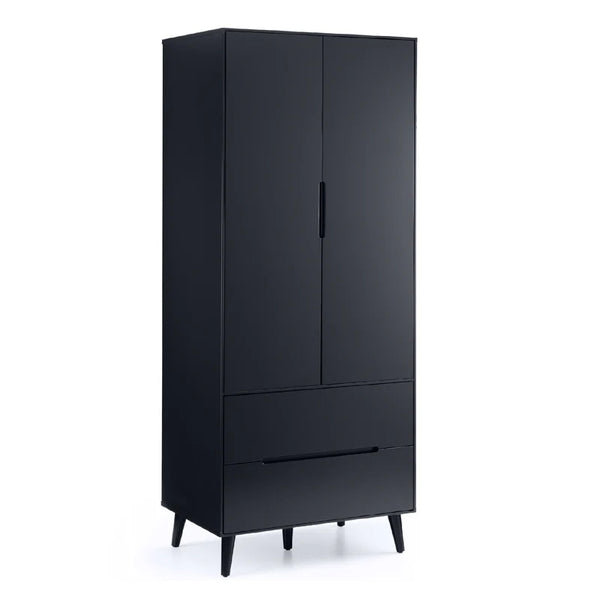 Black wardrobe with two doors and a drawer on a white background