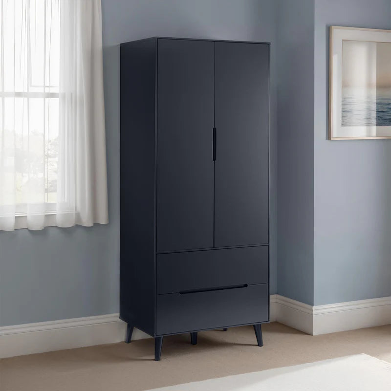 Black wardrobe with two doors and a drawer on a white background
