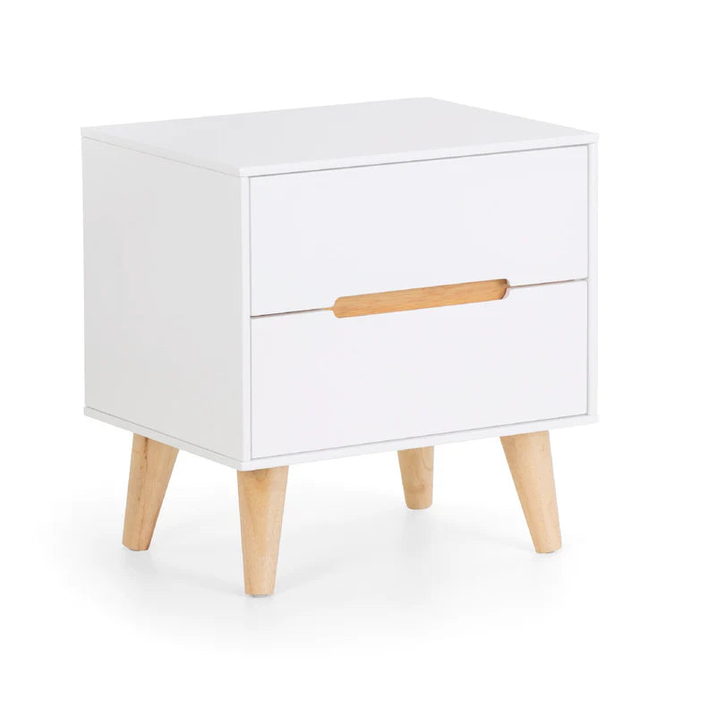 White nightstand with wooden legs and handle on a white background