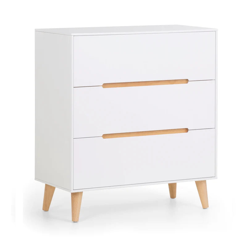 White dresser with three drawers and wooden handles on a white background
