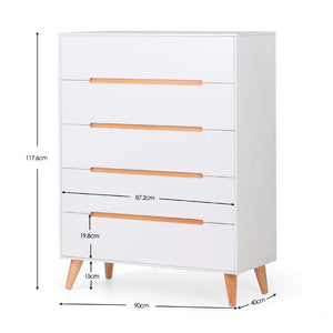 White dresser with wooden drawers and legs, shown with dimensions on a white background