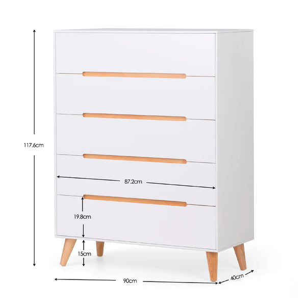White dresser with wooden drawers and legs, shown with dimensions on a white background