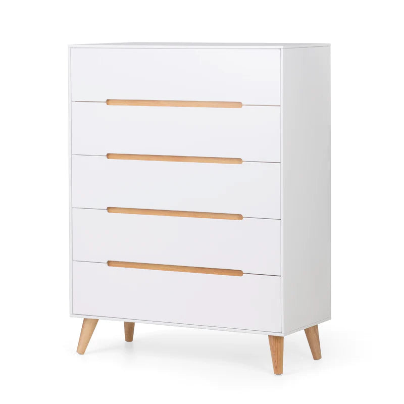 White dresser with wooden drawers and legs on a white background